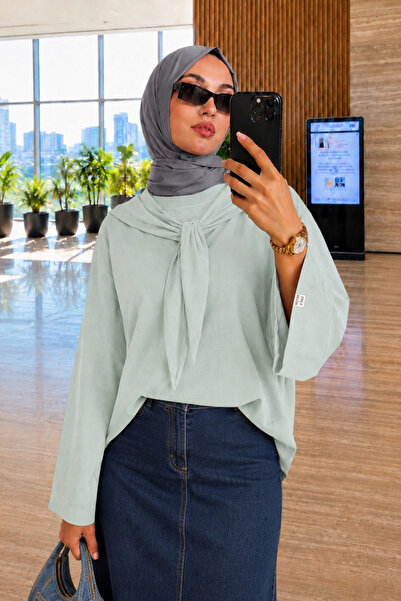 onlymoon Kadın Çıkarılabilir Fularlı Basic Bluz | Geniş Kol Rahat Kalıp Penye...