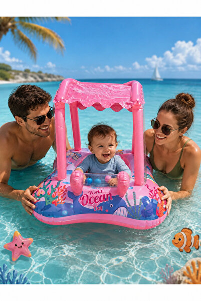 RAMEH Kare Pembe Gölgelikli Tenteli Çocuk Deniz Simiti Baby Float Bebek Deniz...