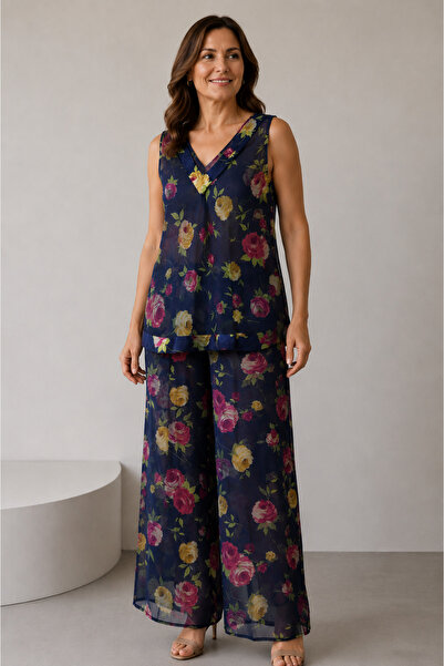 ENGIN Women's Navy Blue Floral Chiffon Pants Blouse Set