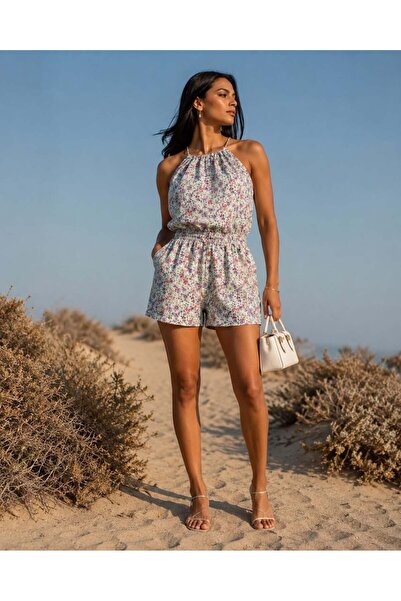 Modafeminen DESENL4 Halter Yaka Desenli Mini Şortlu Tulum 581390