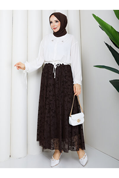 Nevayla Moda Flocked Tulle Floral Patterned Skirt - Brown / A0107