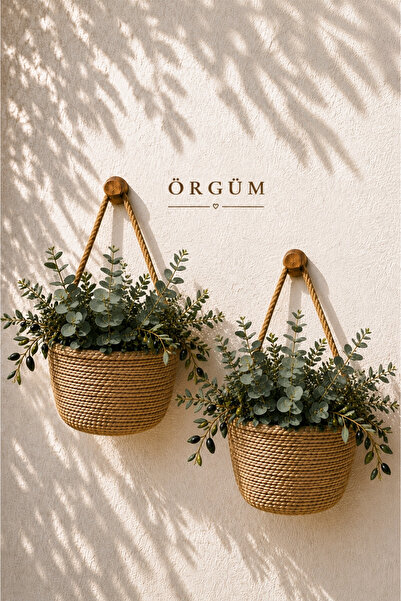 EGE ÖRGÜM Sepet Dekoratif 2'li Mini Sepet Organizer 12x10 Bitkiler Ve Askı Da...