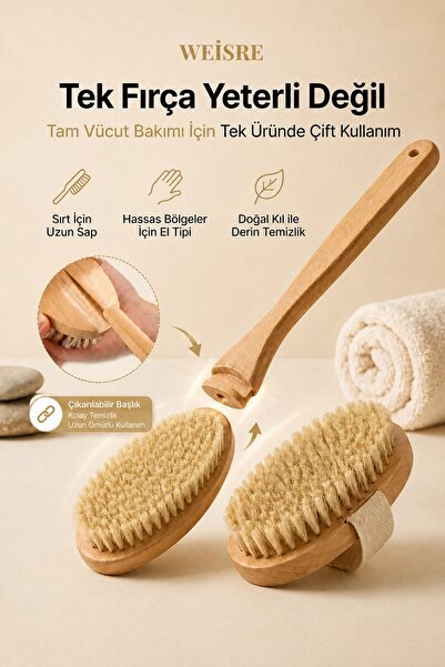 Weisre Doğal Kıl Vücut Fırçası Seti Uzun Saplı ve El Tipi Kuru Fırçalama Selü...