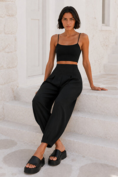 bymervetekstil Pantaloni Balon Negri Cendy Crepe Fără Curea