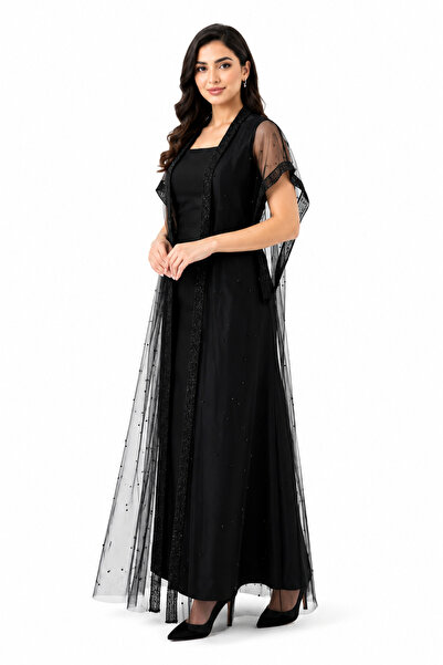 unbranded Women's Black Embellished Mesh Maxi Evening Dress with Square Neck ...