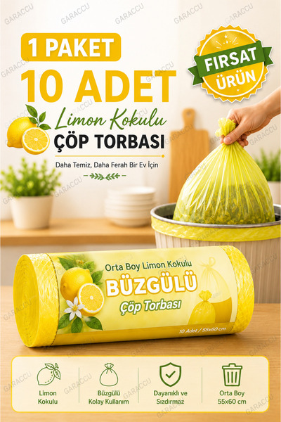 garaccu Limon Kokulu Büzgülü Çöp Torbası 10'lu 1 Paket - Orta Boy 55x60 Cm