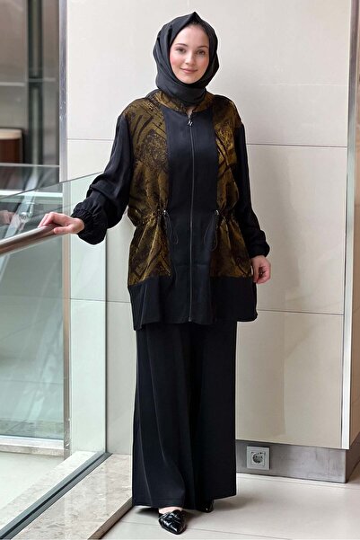 Nuss Jakar Desenli Bel Büzgülü Kap Pantolon Takım