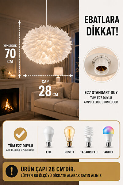 Luna Lighting Flora Model Beyaz Tüylü Kumaş Modern Estetik Tekli Sarkıt Avize