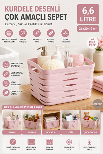 Melkan Home Kurdele Desenli 6,6 Litre Çok Amaçlı Sepet – BPA’sız, Dayanıklı, ...