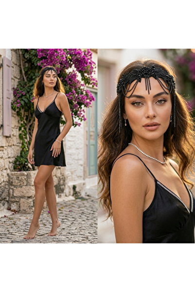 PICO fashion قميص نوم قصير من الساتان بتفاصيل حجرية