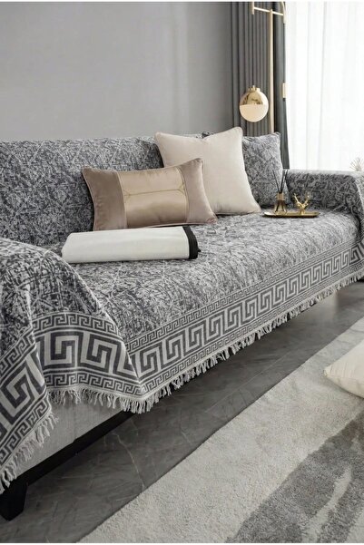 Bellevia Versace Desenli Koltuk Örtüsü 180x300 cm Kolları Kapatan Çekyat Örtüsü