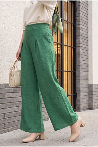 Modamorfo Elastic Waist Wide Leg Pleated Linen Look Trousers - Green
