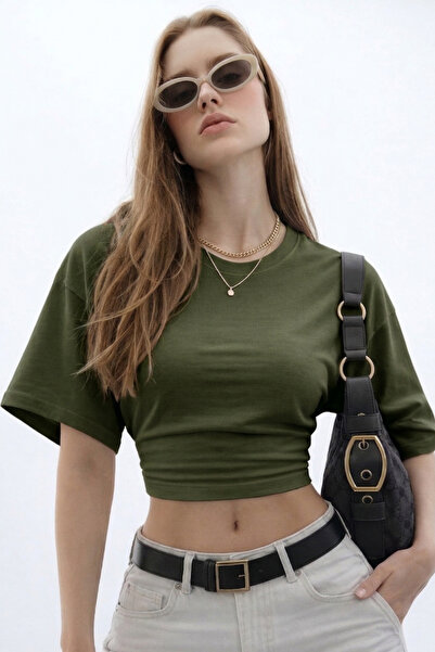 COMBİNE MİCHAİL Kadın Basic Bel Detaylı Haki Crop Bluz
