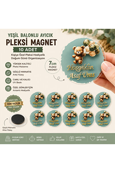doğrukan Ayda Uyuyan Ayı Figürlü Pleksi Magnet 10 Adet | Kişiye Özel Bebek He...