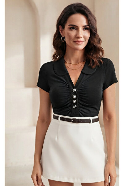 ICEFIELDS Stone Detailed Slim Fit Women's T-Shirt - V-Neck