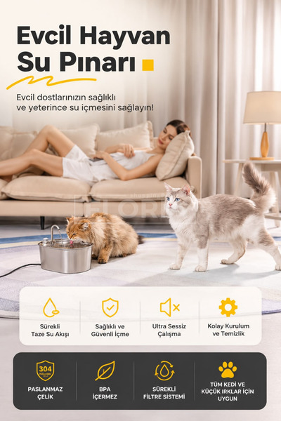 Floria Paslanmaz Çelik 3,2 L Kedi Su Pınarı | Ultra Sessiz Çeşme | 304 Çelik ...