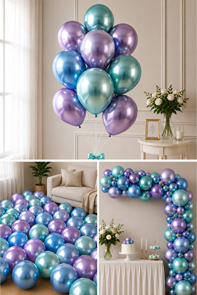 Parti dolabı Krom Parlak Metalik Yeşil-Mavi-Mor Renk 5'Li Balon ( 3'Lü Renk S...