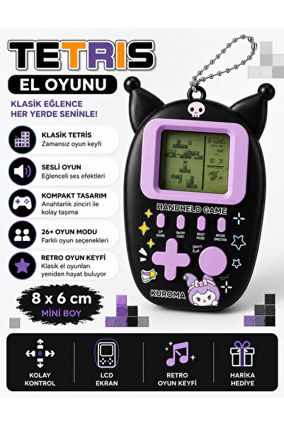 kruxon Kuromi Temalı Mini Tetris El Oyunu 8x6 cm LCD Anahtarlıklı 26 Oyunlu T...