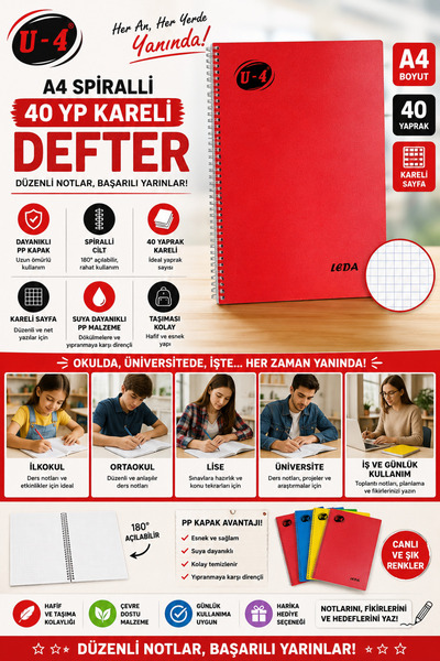 U4 boya U-4 A4 Pp Kp Spiral 40 Yp Squared Notebook-Red