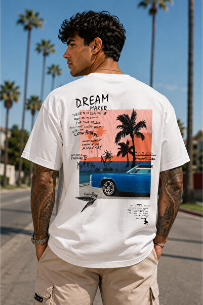 Clothify تيشيرت أبيض كبير الحجم للجنسين مطبوع من الخلف من نوع Dream Haker مصن...