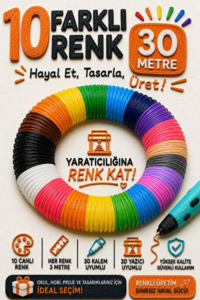 BOTE CONCEPT 3D Kalem İçin PLA 10 Canlı Renk Filament Seti 30 Metre – 10 Canl...