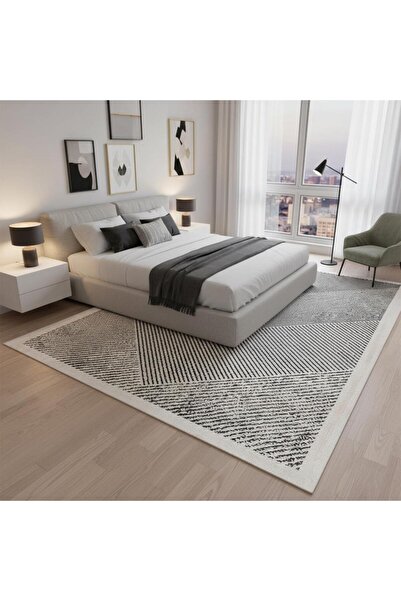 Carpettex Krem Gri Modern Çizgili Dijital Baskılı Halı – Kaymaz Tabanlı, Minimal Geometrik Desenli Şık Salon