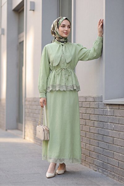 Modamorfo Lace Collar and Tie-Waist Skirt, Pleated Crepe Suit - Green