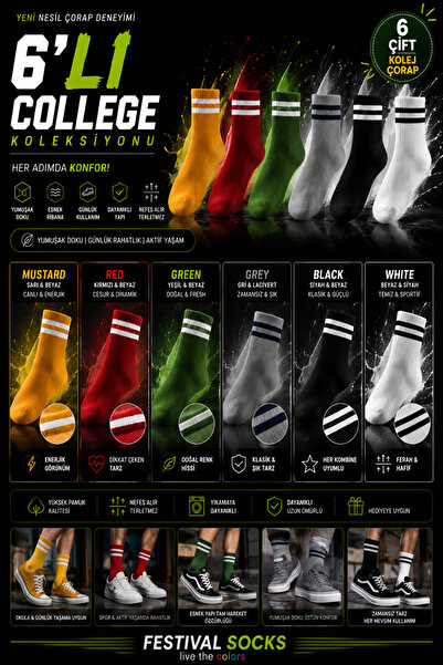 Festival Socks 6 Pairs Striped Colorful College Sports Socks Set Tennis Socks...