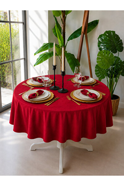 Decamor home Pearl Velvet Textured Seamless Red Round Tablecloth (Napkins Not...