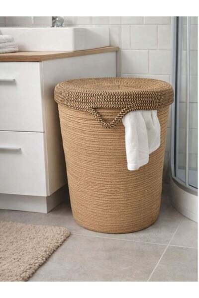naylişhome Jute Wicker Gold White 40X45 cm Covered Laundry Basket Multi-Purpo...