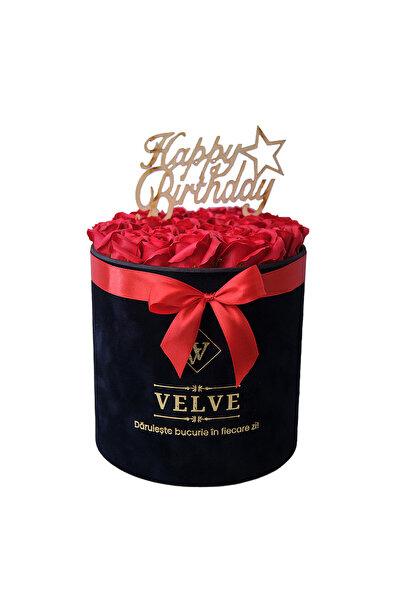 velve Aranjament floral in cutie rotunda neagra,cu 25 trandafiri rosii din sa...