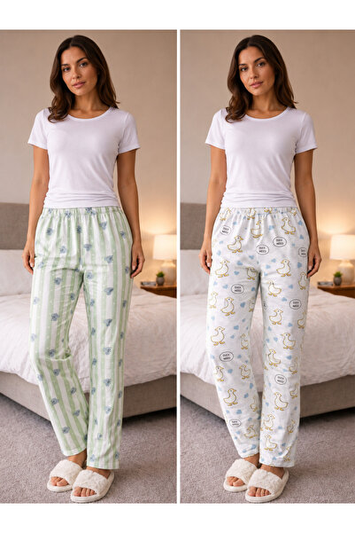 MODABOX 100% Cotton Combed Single Jersey Double Set of 2 Women's Pajama Bottoms