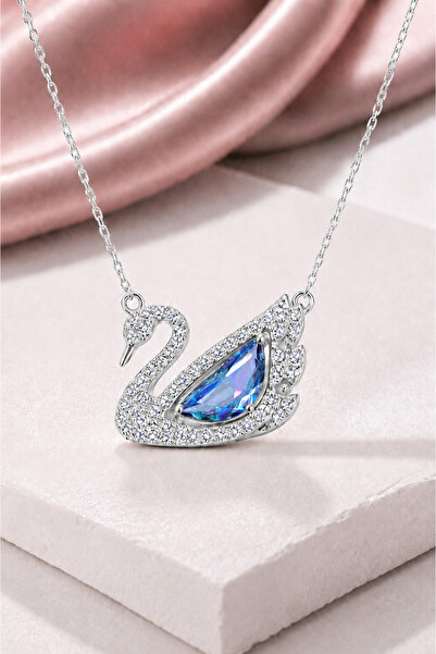 Pietra Kadın Gümüş Kolye 925 Ayar Safir Taş Kuğu Tasarımlı 40+5 Cm Zincirli K...