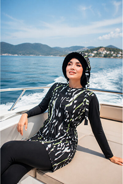 MASSMİZO Zebra Women's Short Patterned Zippered Full Covered Hijab Swimsuit S...