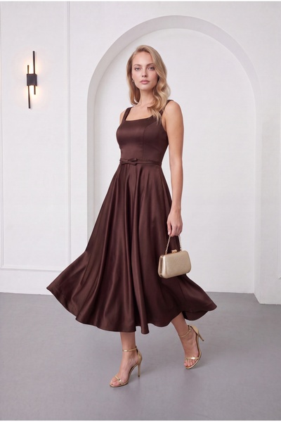Lafaba Women's Brown Square Neck Belted Midi Promise Engagement Dress