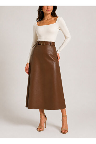 YAXİ Belt Detail Midi Boy Bol Camel Leather Skirt