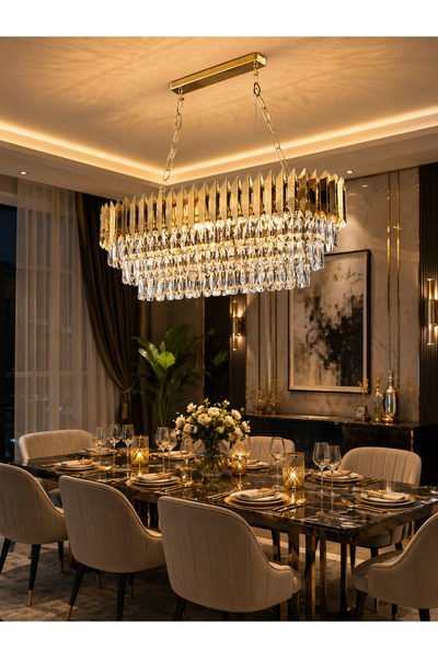 Led OVAL KRİSTAL LÜX SALON AVİZE GOLD 10 ampül