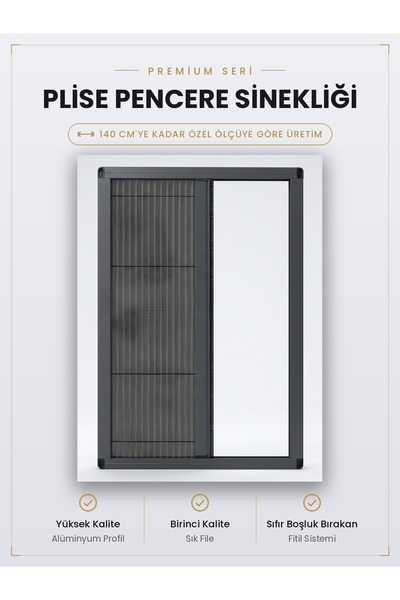 Plisart Premium Seri Antrasit Pileli Sürgülü Akordion Pencere Sinekliği (70x140)