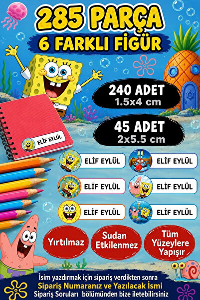 Kt Grup Okul Etiketi Kalem Defter Etiketi Sünger Bob Temalı Özel Isimli Etike...