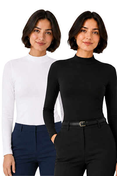 penyebizden Women's Viscose High Neck Bodysuit Set of 2 Black-White
