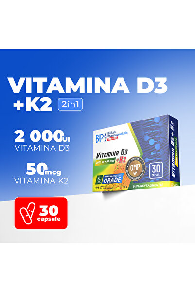 Balkan Vitamina D3 + K2, 2000 UI + 50 mcg, 30 capsule.