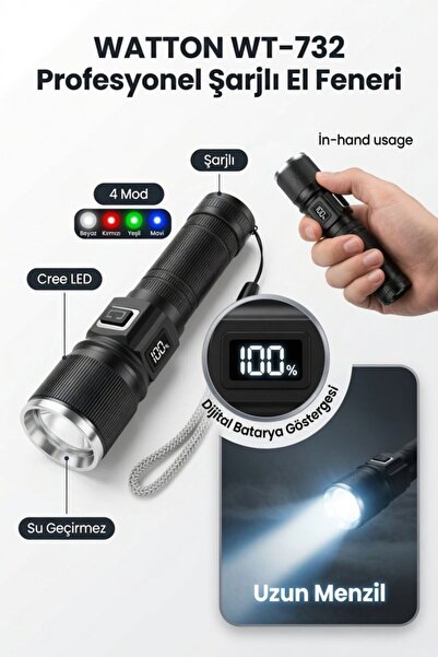 Watton WT-732 Cree TG Led Göstergeli Şarjlı El Feneri Güvenlik Feneri Modlu