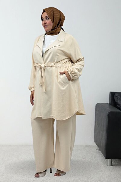 Eslina 67019 Large Size Tie-Waist Pants Jacket Nora Set - Beige