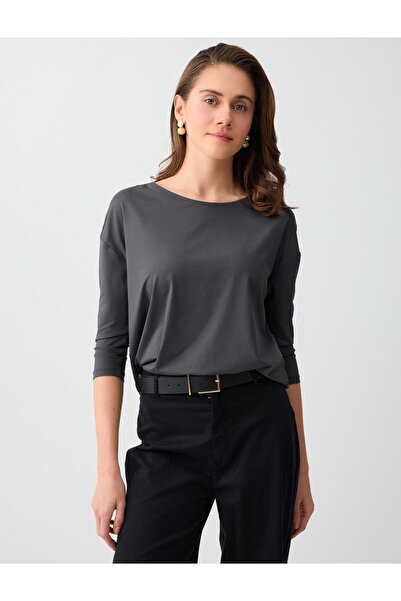 Jimmy Key Anthracite Long Sleeve Boat Neck Straight Cut Knitted Blouse