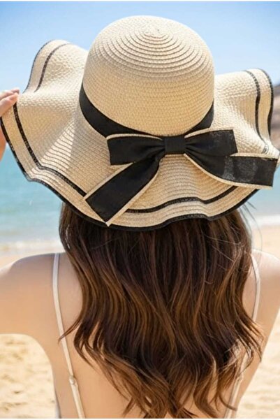 Mood Agenda Women's Wavy Wide Brim Bow Summer Organic Straw Hat