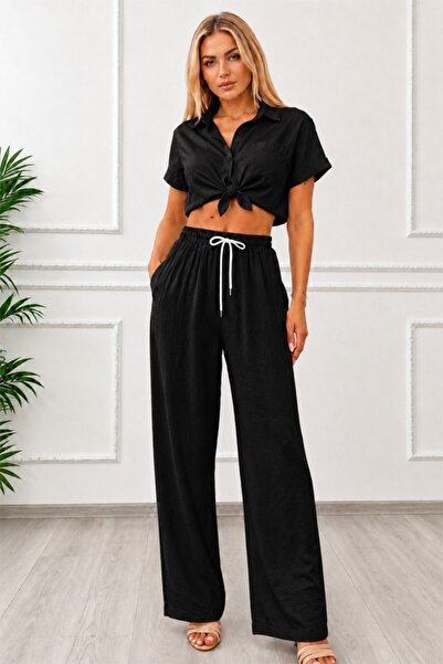 FashionForYou Pantaloni lungi texturati Marietta cu șnur în talie, NEGRI