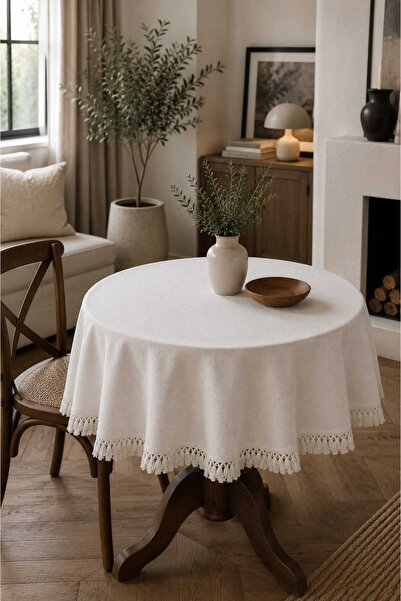 HOME ART ATELIER hand made YUVARLAK Dantel Şerit Kenarlı Bohem Masa Örtüsü