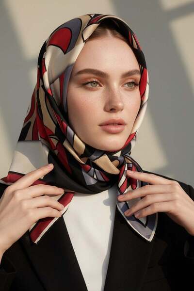 Vissona وشاح حريري أحمر منقوش هندسيًا باللون البيج - 90 × 90 وشاح مخيط يدويًا