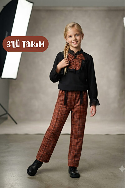 Hilal Akıncı Kids Girl's Piece Detailed Black Blouse Plaid Patterned Trousers...