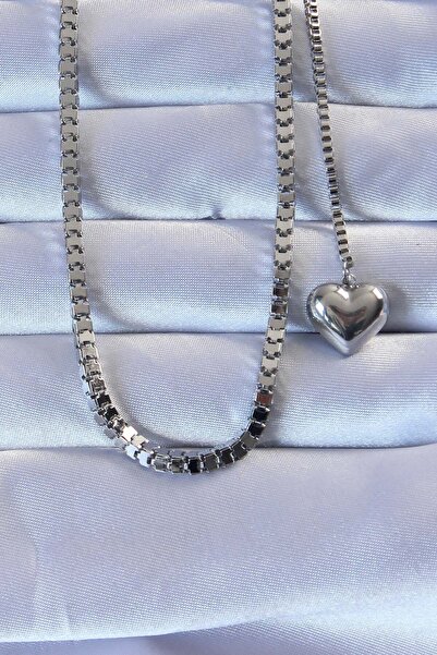 Inure Jewelry 316L Steel Silver Color Cube Chain Heart Necklace